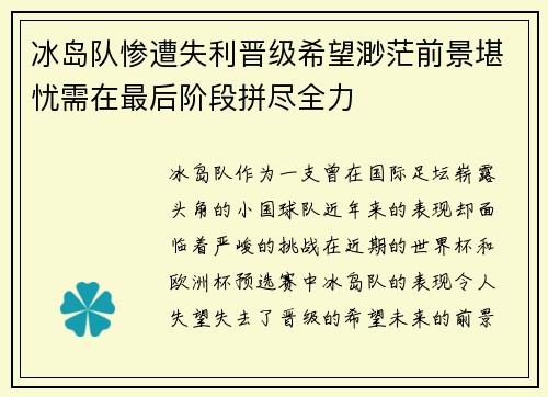 冰岛队惨遭失利晋级希望渺茫前景堪忧需在最后阶段拼尽全力