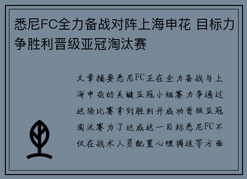 悉尼FC全力备战对阵上海申花 目标力争胜利晋级亚冠淘汰赛