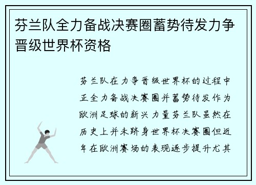 芬兰队全力备战决赛圈蓄势待发力争晋级世界杯资格