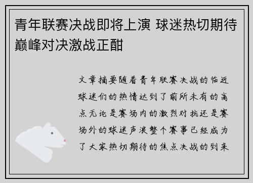 青年联赛决战即将上演 球迷热切期待巅峰对决激战正酣