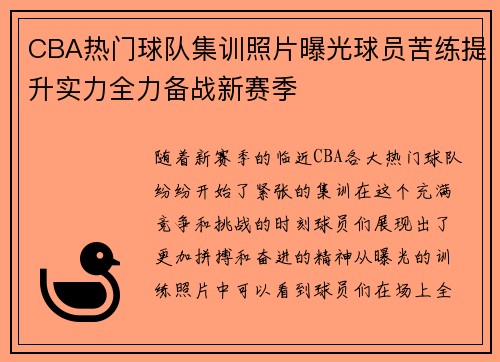 CBA热门球队集训照片曝光球员苦练提升实力全力备战新赛季