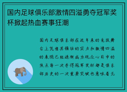 国内足球俱乐部激情四溢勇夺冠军奖杯掀起热血赛事狂潮